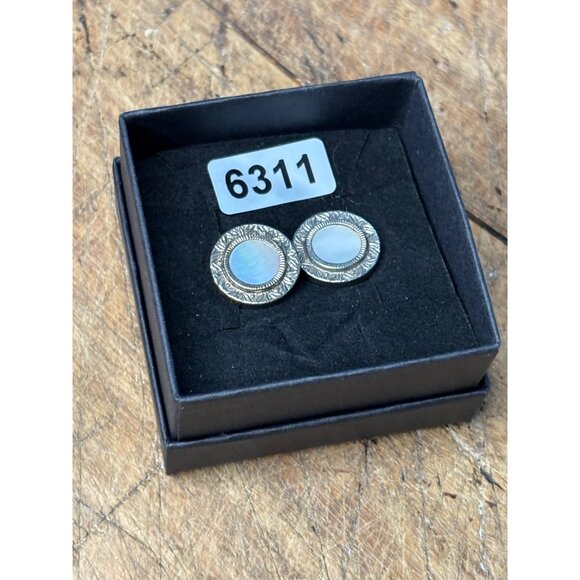 Antique Silver Tone & Mother Of Pearl Cufflinks With Ornate Design - Picture 4 of 9